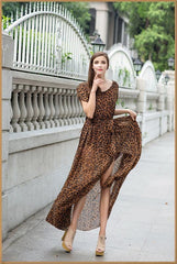 Floral-Printed Short Sleeve Round-neck V-back Floor Dress