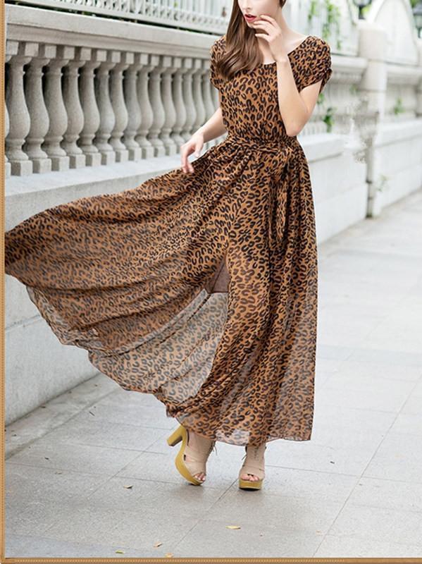 Floral-Printed Short Sleeve Round-neck V-back Floor Dress