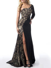 Lace Split Joint One-Shoulder Backless Split-side Floor Maxi Dress