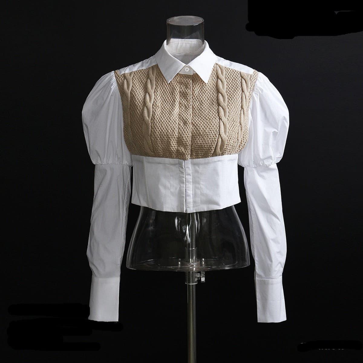 knitted twist wool stitching cotton puff sleeve shirt