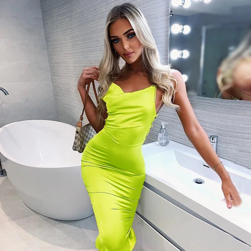 summer long satin backless elegant hollow out Midi Dresses