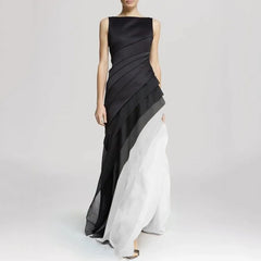 Elegant  Formal Cocktail Up Pile Elegant Chiffon Autumn Patchwork Sleeveless Long Maxi Evening Party Vestidos Dress