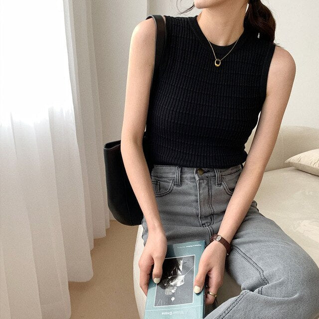Fashion Striped Hight Quality Knitted Tops Fashion Sleveless  T-shirt