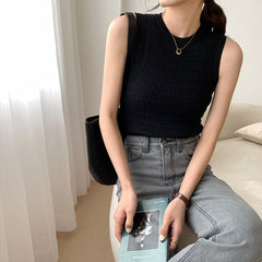 Fashion Striped Hight Quality Knitted Tops Fashion Sleveless  T-shirt