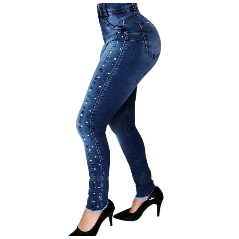 Dark Blue High Waist Beaded Street Fashion Casual Push Up Hip Jeans