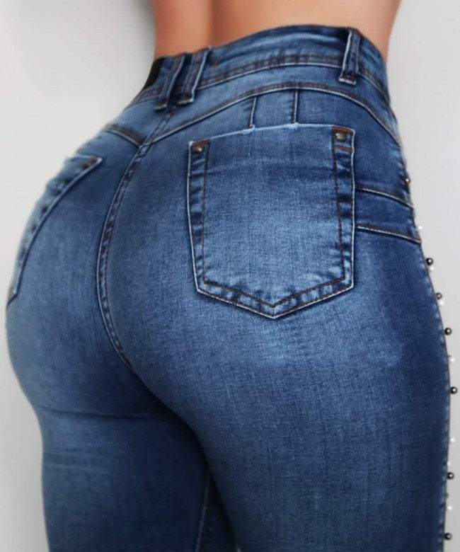 Dark Blue High Waist Beaded Street Fashion Casual Push Up Hip Jeans