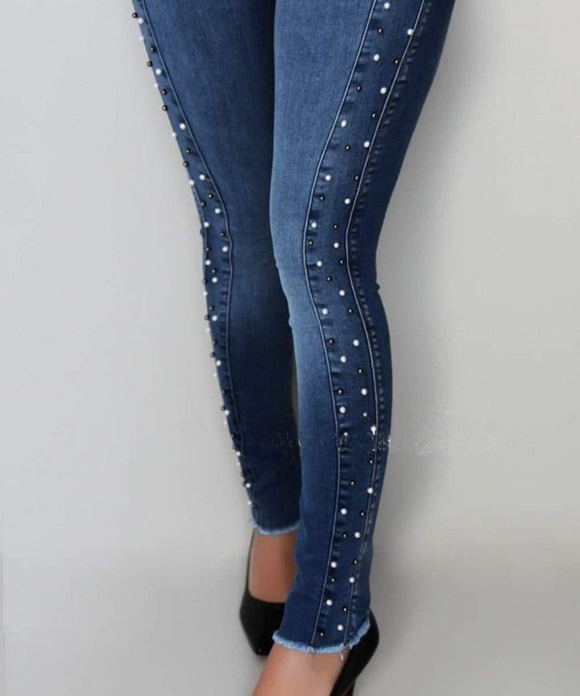 Dark Blue High Waist Beaded Street Fashion Casual Push Up Hip Jeans