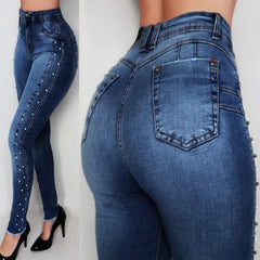 Dark Blue High Waist Beaded Street Fashion Casual Push Up Hip Jeans