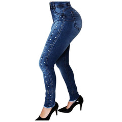 Dark Blue High Waist Beaded Street Fashion Casual Push Up Hip Jeans