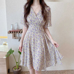 Summer New Temperament Tight Waist Slim Chiffon Floral Dress