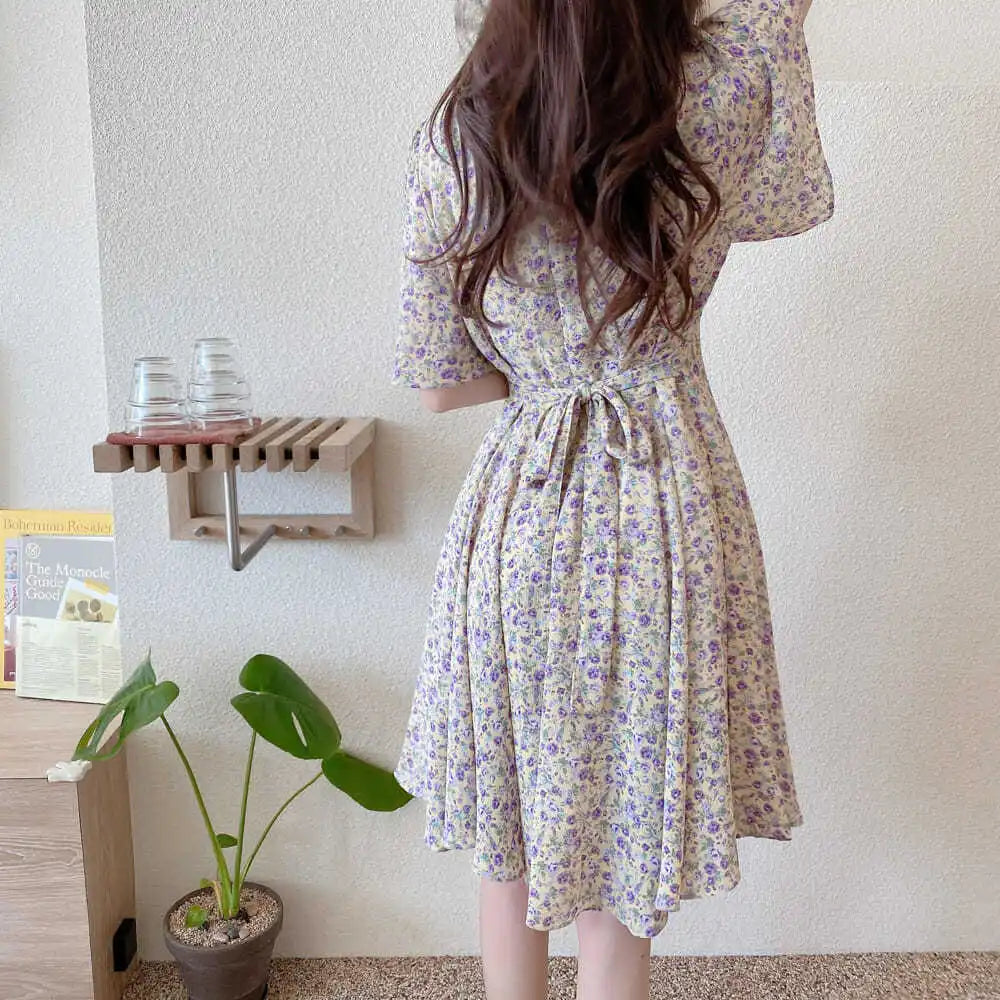 Summer New Temperament Tight Waist Slim Chiffon Floral Dress