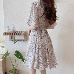 Summer New Temperament Tight Waist Slim Chiffon Floral Dress