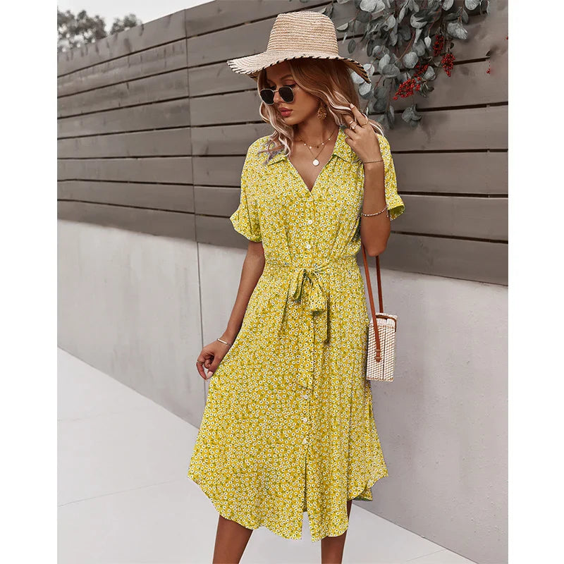 Casual Floral V-Neck Yellow Boho Dress for Summer