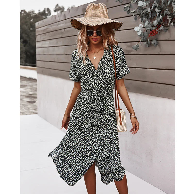 Casual Floral V-Neck Yellow Boho Dress for Summer