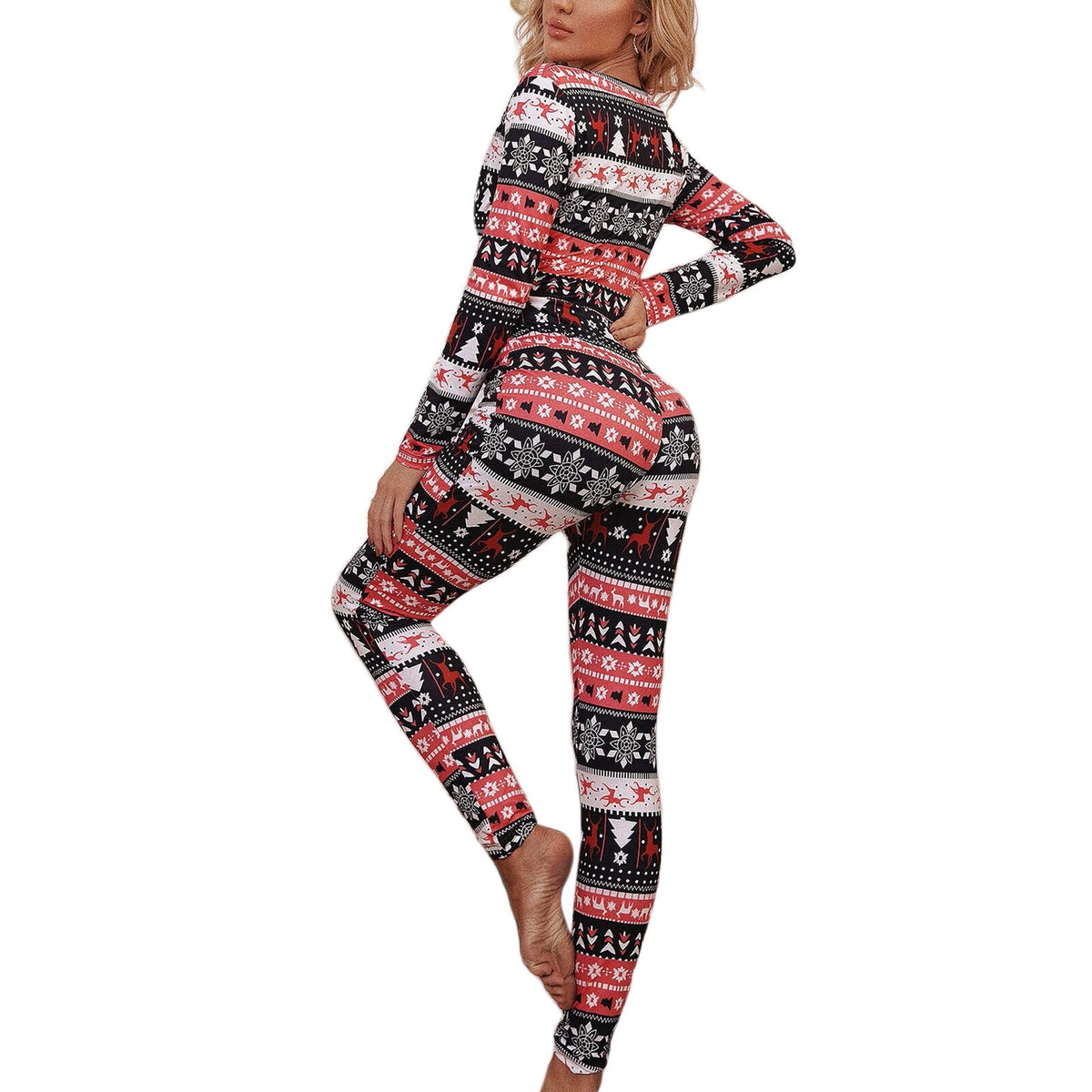 Pajamas Jumpsuit Buttons V Neck Long Sleeve Christmas Cartoon Printed Sleepwear