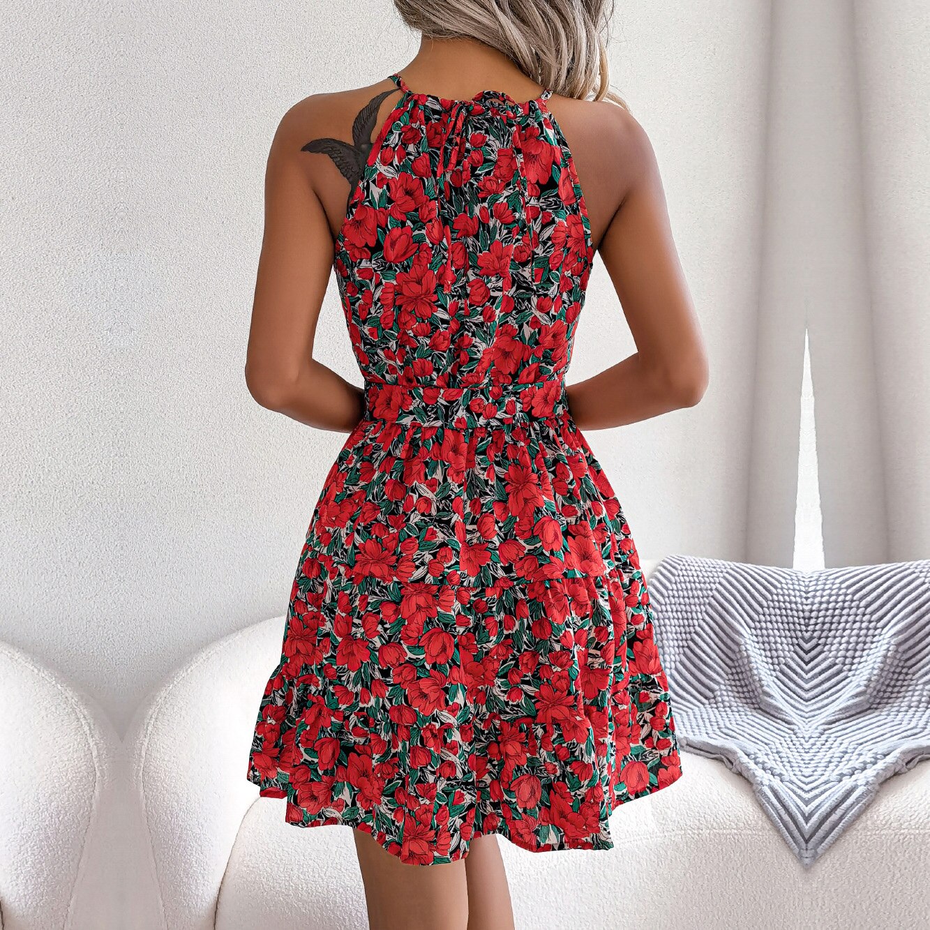 Halter Lace Up Ruffled Floral Dress