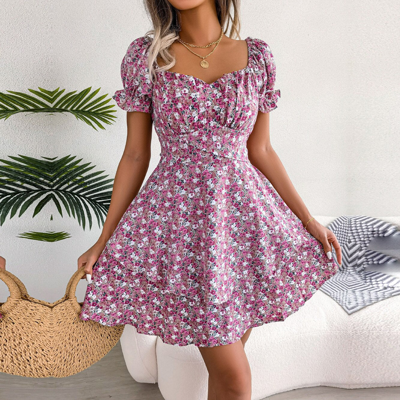 Square Collar Lace Up Floral Dress