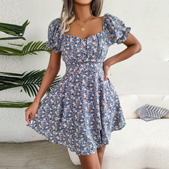 Square Collar Lace Up Floral Dress