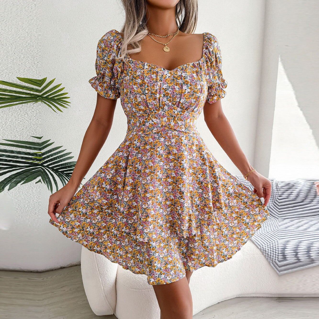 Square Collar Lace Up Floral Dress