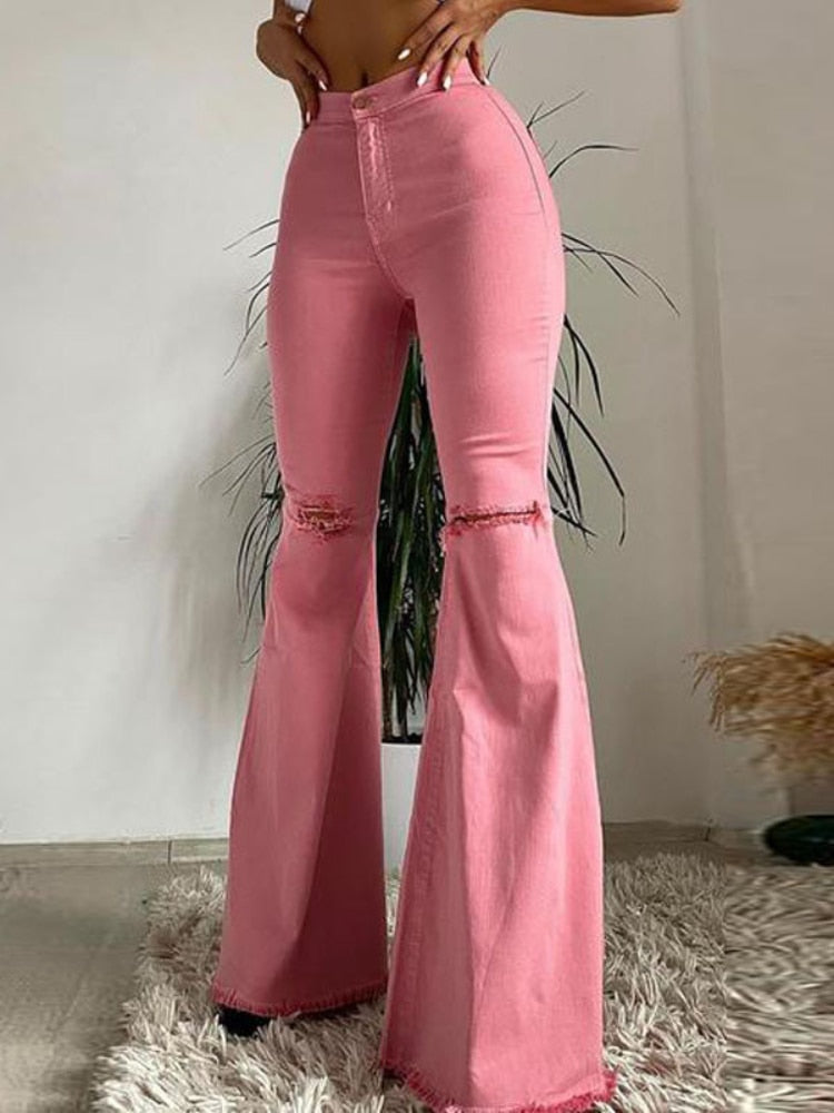 Butt-lifting Ripped Raw Edge Flared Pants Colorful High-stretch 's Denim Trousers