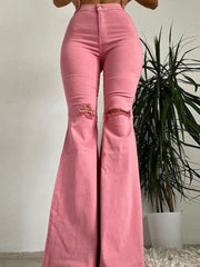 Butt-lifting Ripped Raw Edge Flared Pants Colorful High-stretch 's Denim Trousers