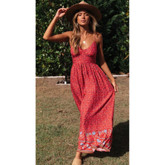 Summer  V Neck Floral Print Bohemia Long Dress