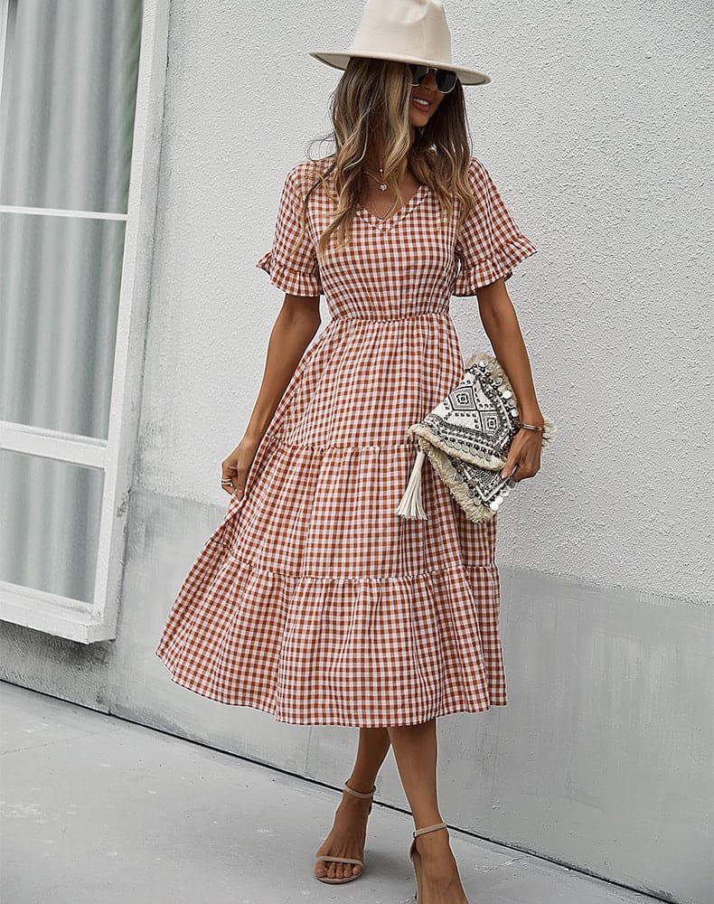 V Neck Ruffles Short Sleeve Boho Dress