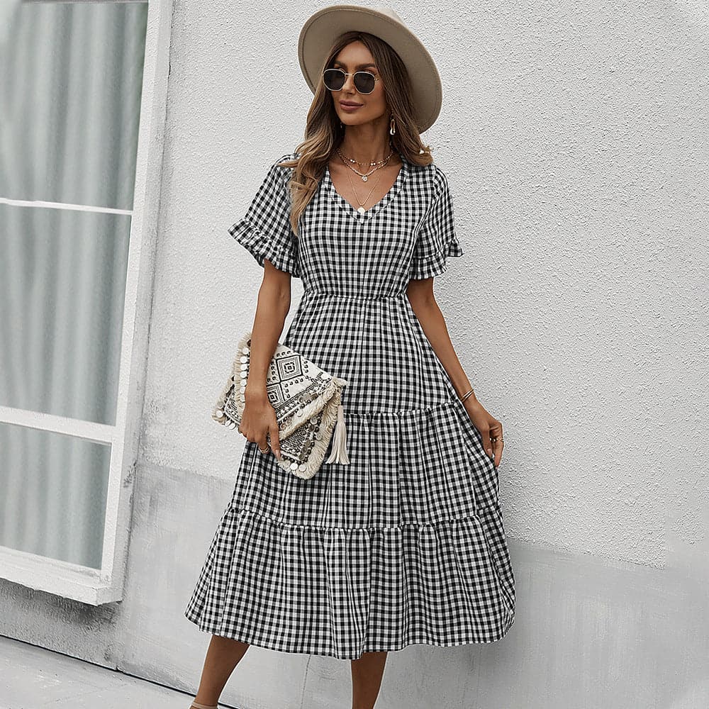 V Neck Ruffles Short Sleeve Boho Dress