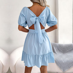 Solid Color Backless Tie Ruffle Dress