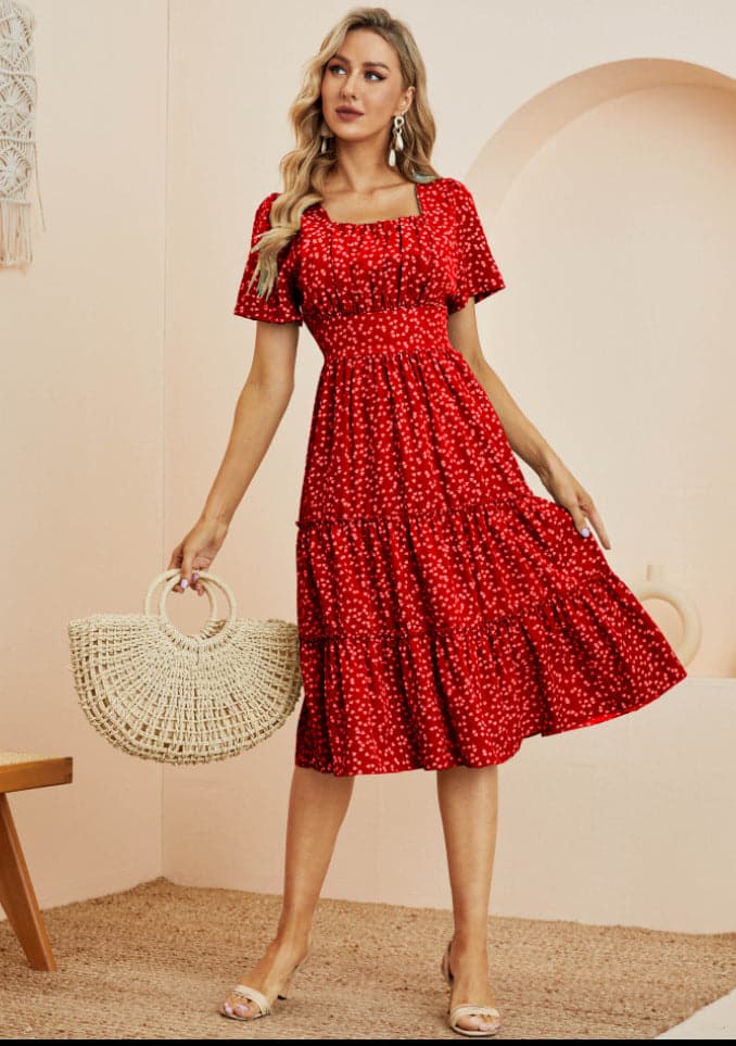 Summer Dress Square Collar Short Puff Sleeve Floral Dresses