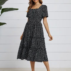 Summer Dress Square Collar Short Puff Sleeve Floral Dresses