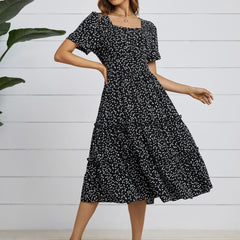 Summer Dress Square Collar Short Puff Sleeve Floral Dresses