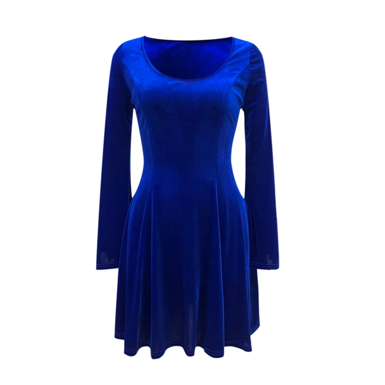 Solid Color U Neck Long Sleeve High Waist Velvet Midi Dress