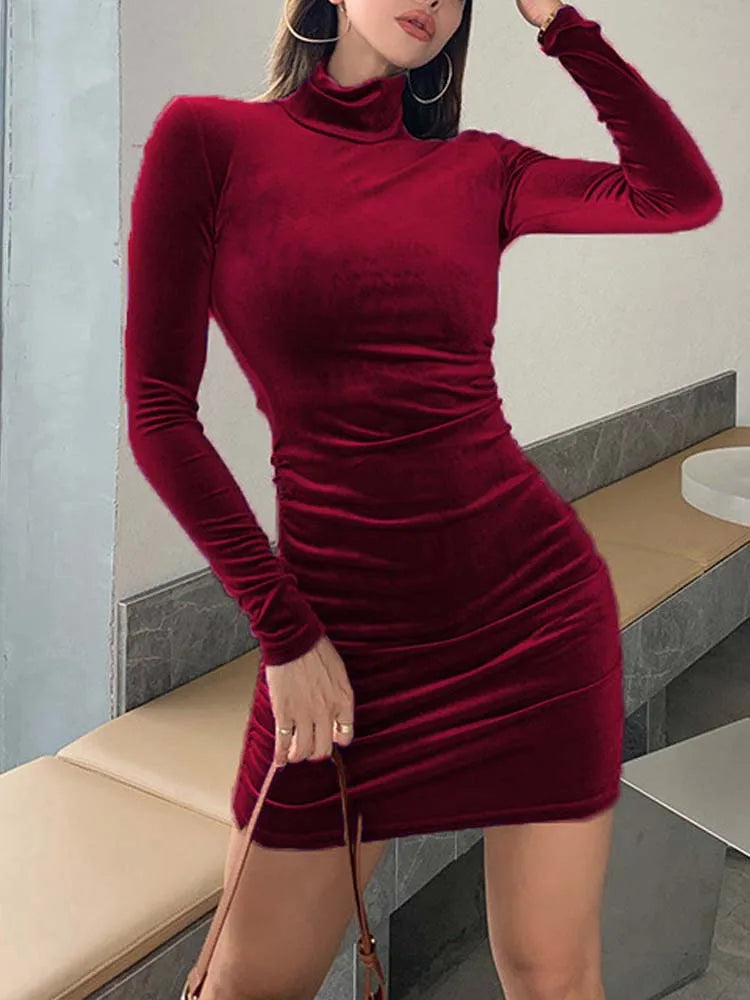 Slim Velvet Long Sleeve Party Turtleneck Bodycon Dress