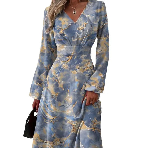 Spring New Slim Fit V-Neck Long Sleeve Floral Dress