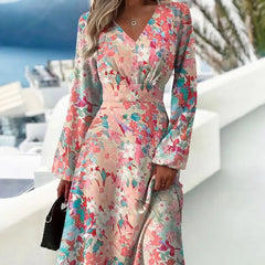 Spring New Slim Fit V-Neck Long Sleeve Floral Dress