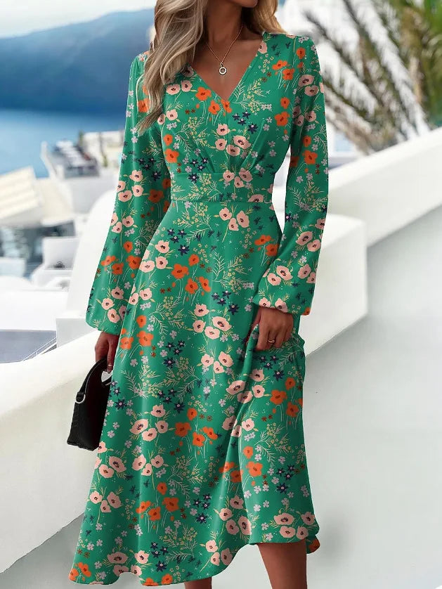 Spring New Slim Fit V-Neck Long Sleeve Floral Dress