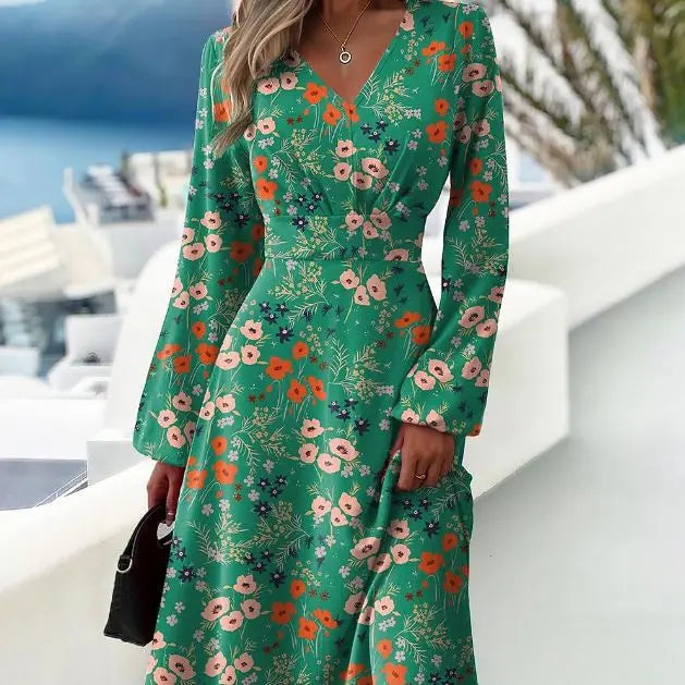 Spring New Slim Fit V-Neck Long Sleeve Floral Dress