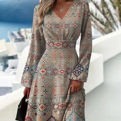 Spring New Slim Fit V-Neck Long Sleeve Floral Dress