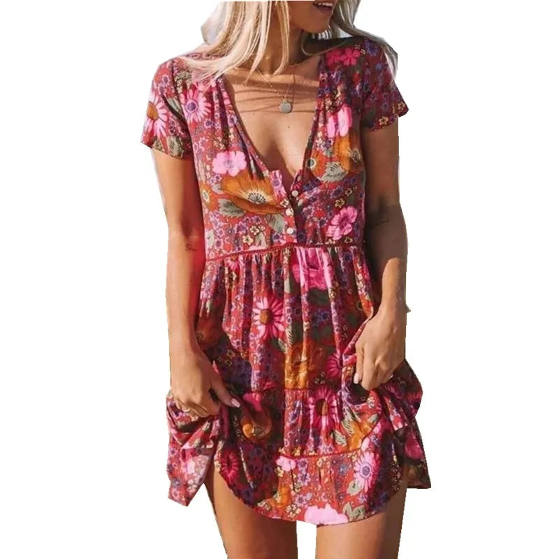 New Arrival V-Neck Short Sleeve Cotton Floral Dress