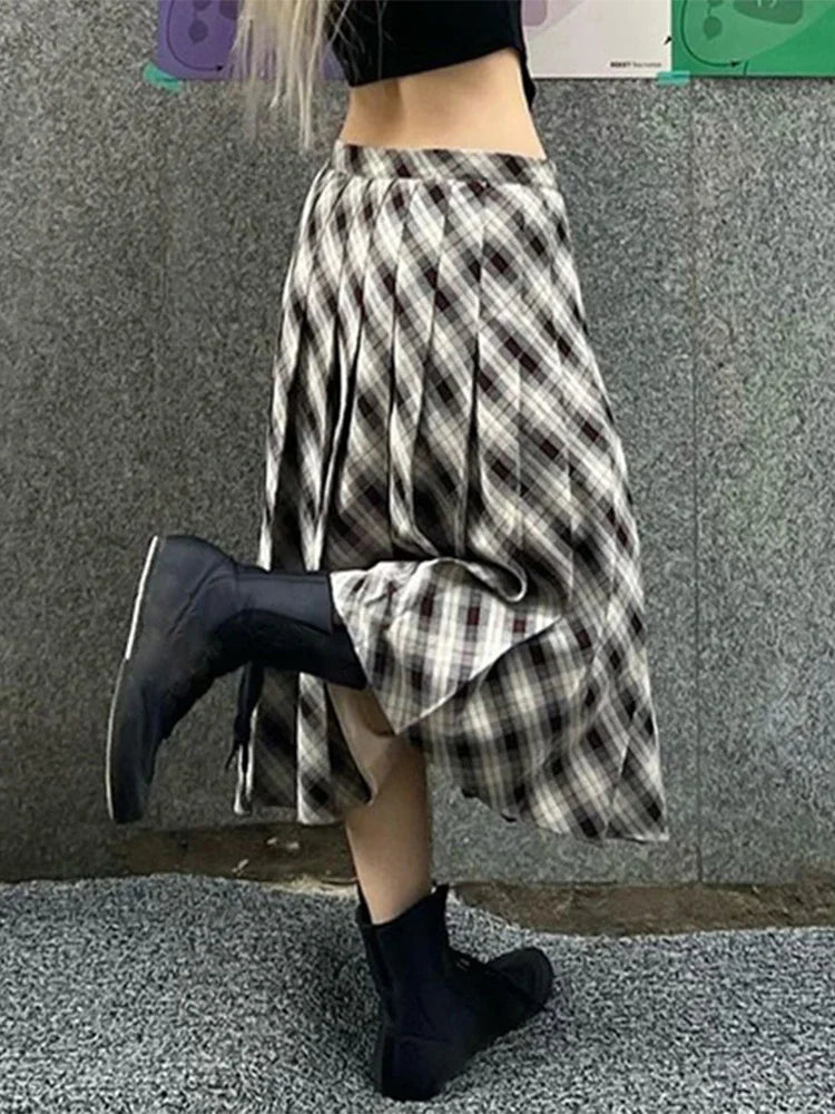 Houndstooth Pleated Loose Retro Maxi Skirt