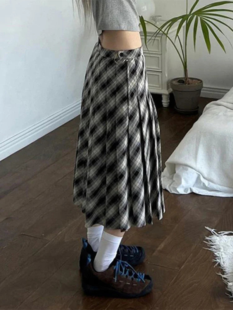 Houndstooth Pleated Loose Retro Maxi Skirt