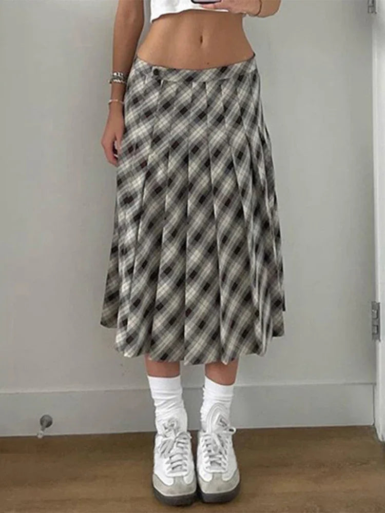 Houndstooth Pleated Loose Retro Maxi Skirt