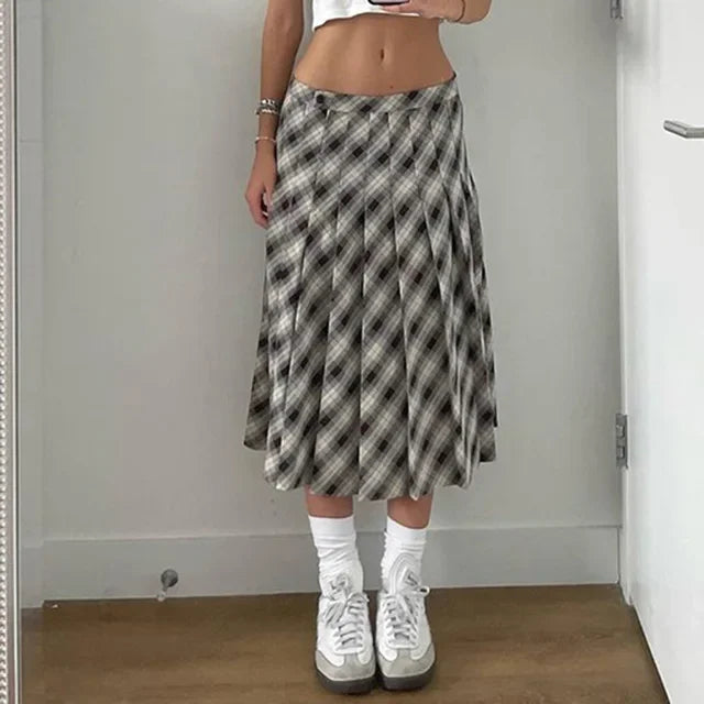 Houndstooth Pleated Loose Retro Maxi Skirt