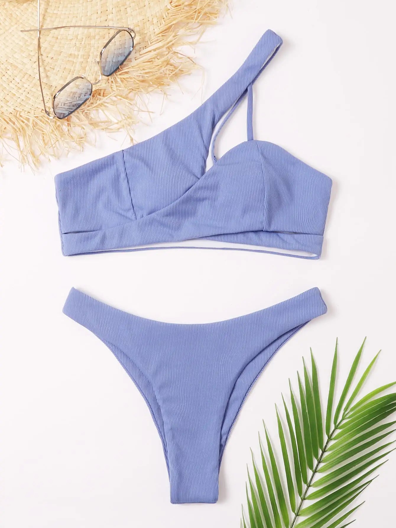 Solid Ribbed One-Shoulder Bikini Set Basic Swimsuit