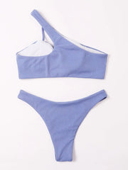 Solid Ribbed One-Shoulder Bikini Set Basic Swimsuit