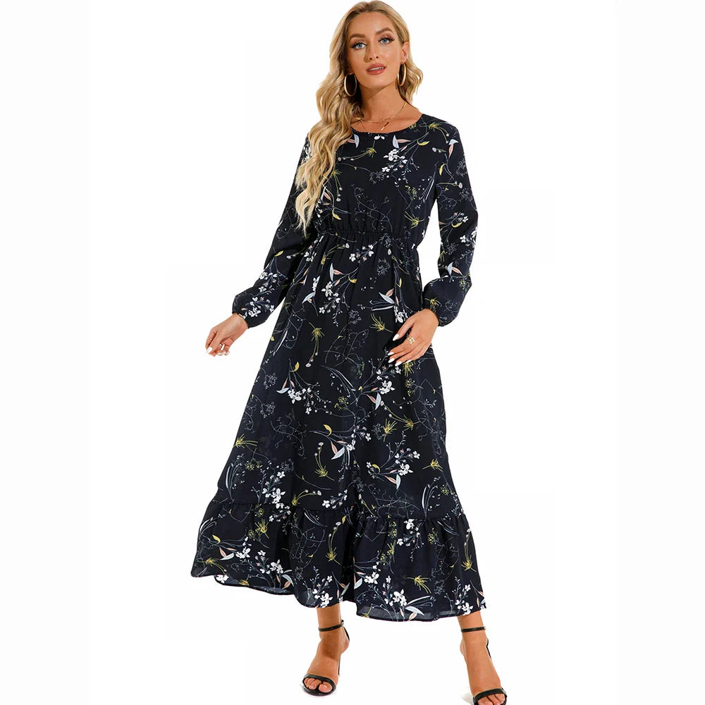 Sping Bohemian Maxi Casual Long Sleeve High Waist Chiffon Midi Dresses