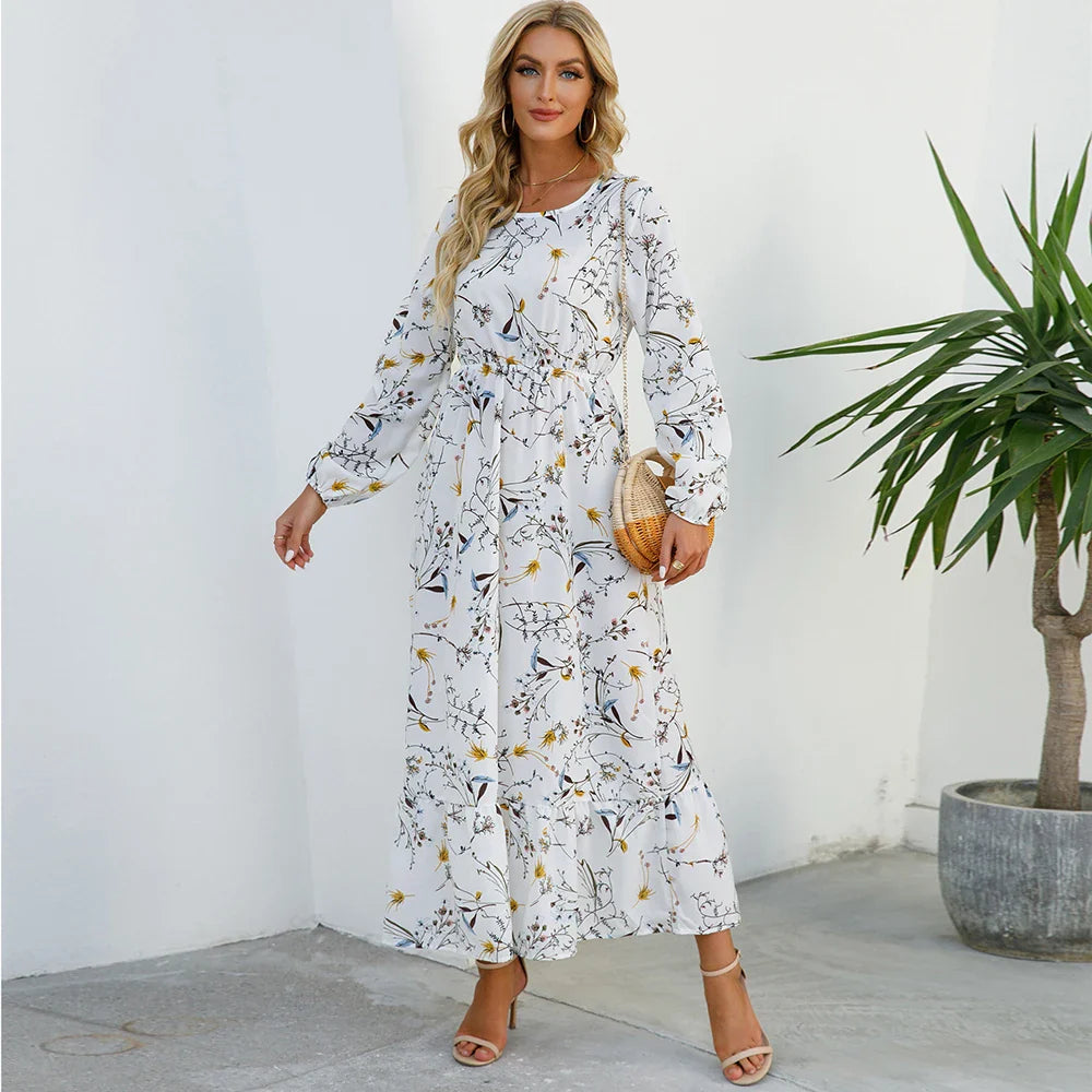 Sping Bohemian Maxi Casual Long Sleeve High Waist Chiffon Midi Dresses