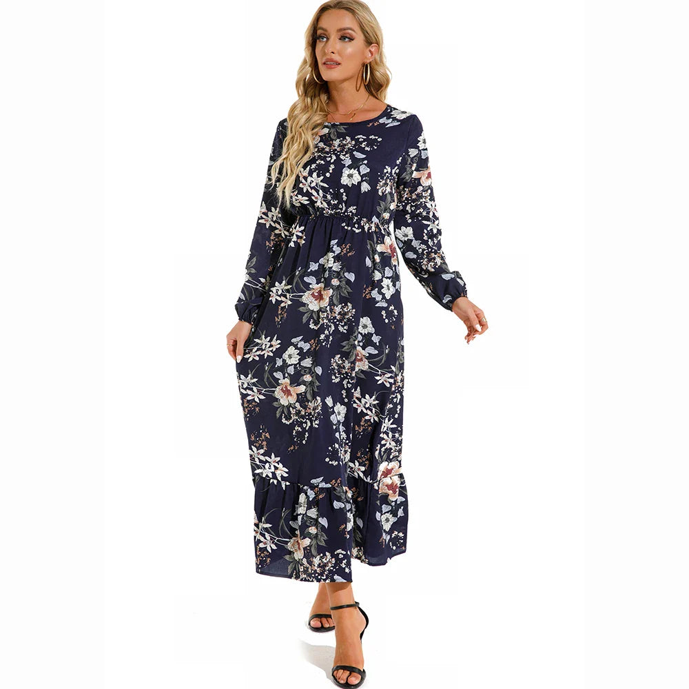 Sping Bohemian Maxi Casual Long Sleeve High Waist Chiffon Midi Dresses