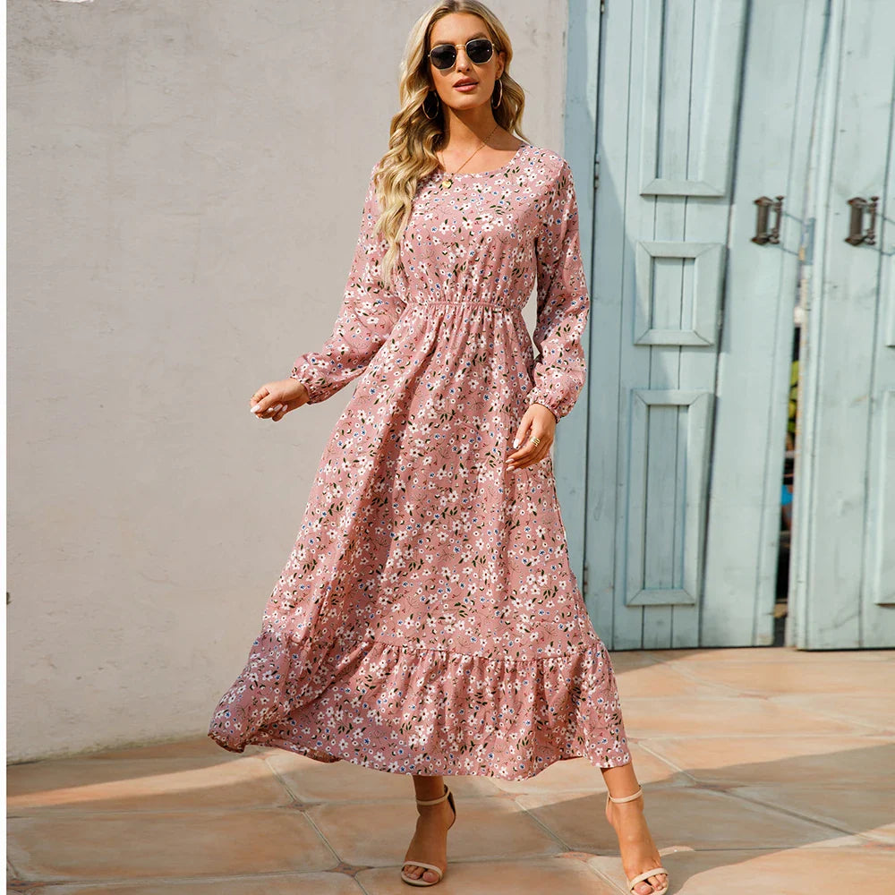 Sping Bohemian Maxi Casual Long Sleeve High Waist Chiffon Midi Dresses